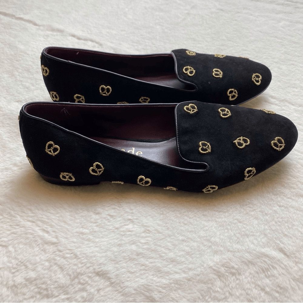 Kate Spade New York Womens 11B Black Gold Pretzel Embroidered Loafers Flats